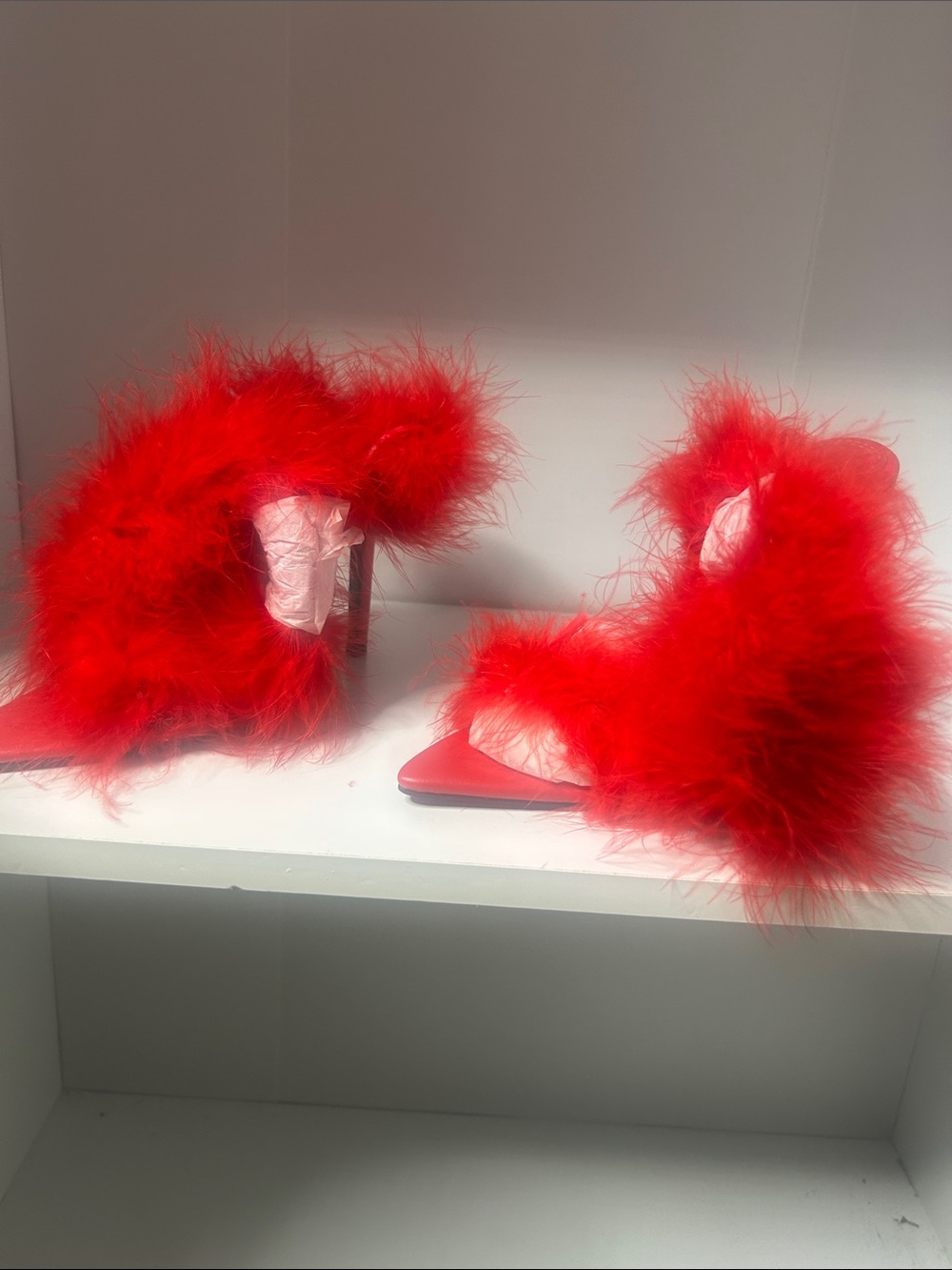 Red Feather Trim Open-Toe High Heel Sandals